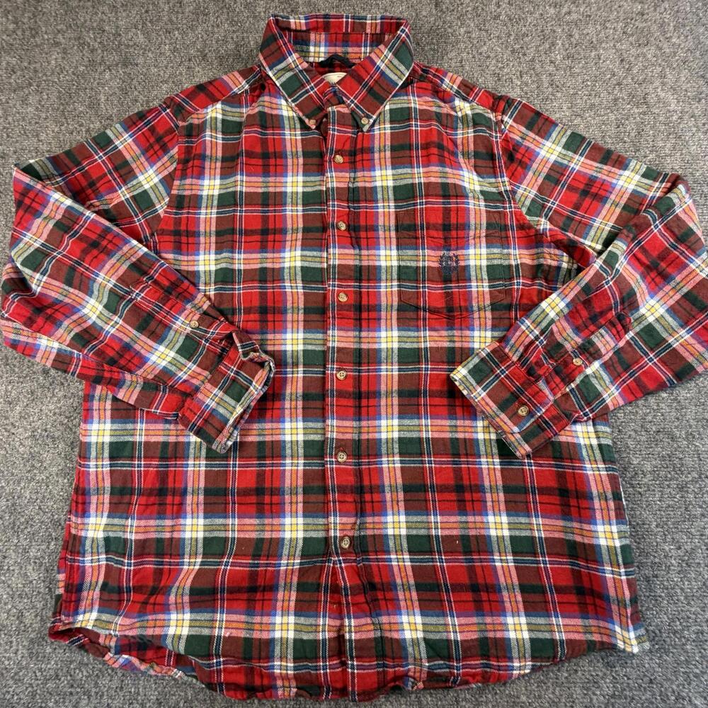Chaps Mens Red Green Plaid Cotton Flannel Button Down Shirt Large 1469